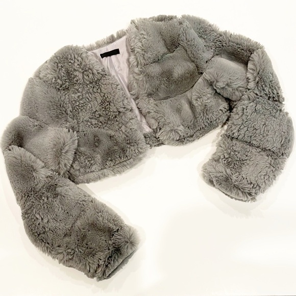 Girls Gray Faux Fur Cropped Jacket - Picture 1 of 2